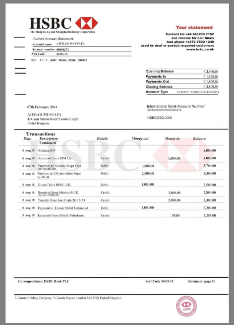 汇丰HSBC Bank Statement银行账单/KYC地址证明psd模板 V2