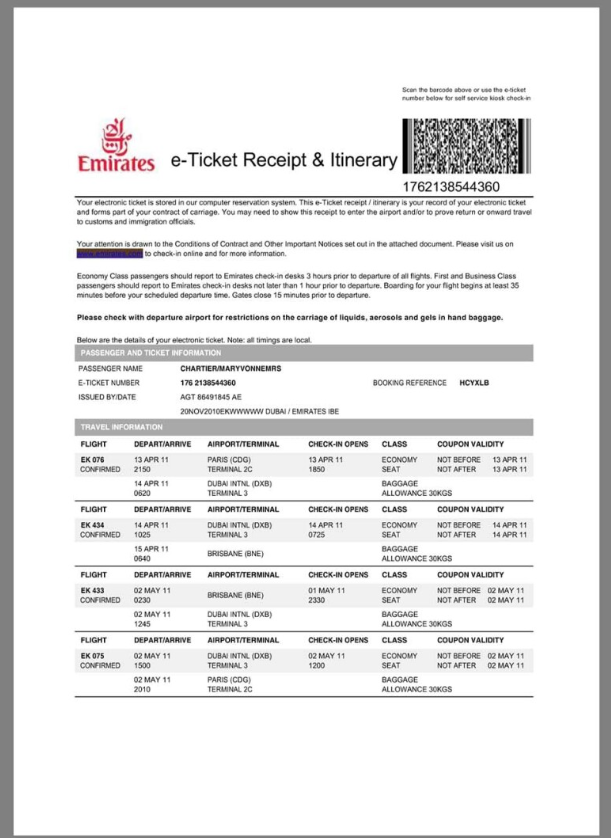 阿联酋航空Emirates E-Ticket账单KYC地址证明pdf模板