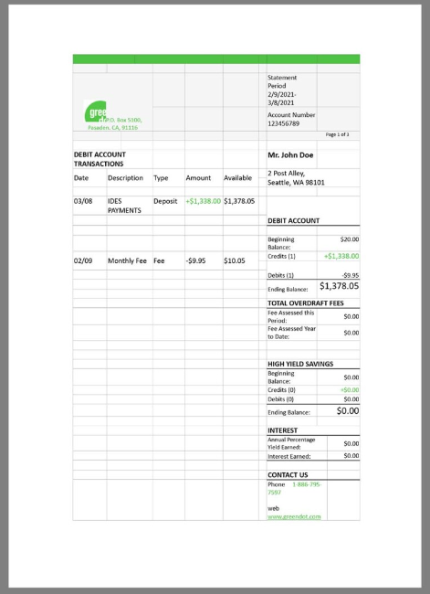 美国Green Dot Bank Statement银行账单/KYC地址证明word模板