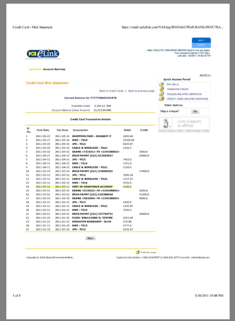 牙买加Jamaica Ncbelink Credit Card Mini Statement银行账单/KYC地址证明pdf/word模板