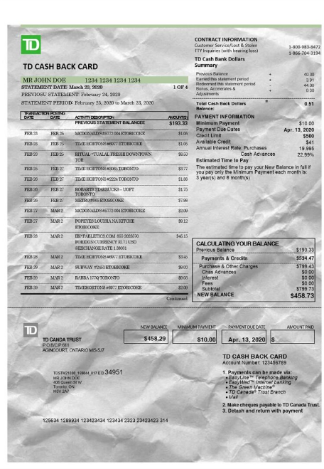 加拿大 TD Bank Statement银行账单/KYC地址证明word模板