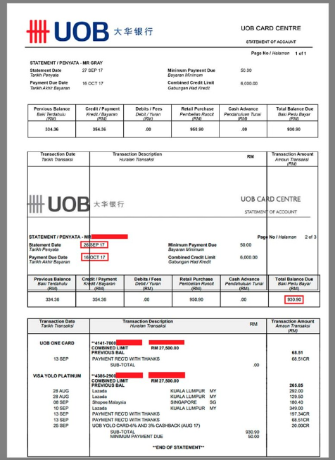 新加坡大华银行Uob Bank Statement银行账单/KYC地址证明psd模板