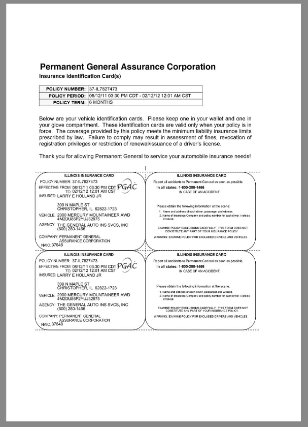 美国永久通用车辆保险ID卡pdf模板
