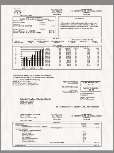 美国夏威夷水电费账单/地址证明PS/PSD模板