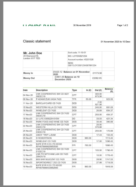 英国UK|USA Lloyds Bank Statement银行账单/KYC地址证明word模板