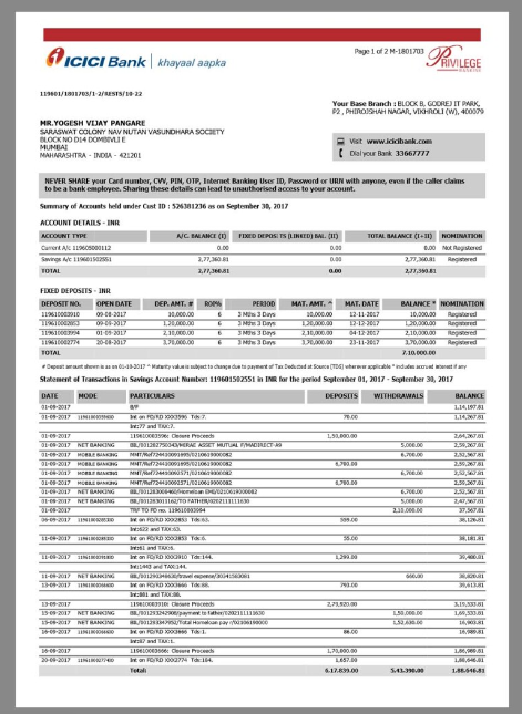 印度India ICICI Bank Statement银行账单/KYC地址证明word/pdf模板