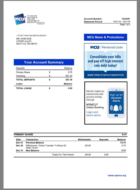 美国MCU Bank Statement银行账单/KYC地址证明word模板