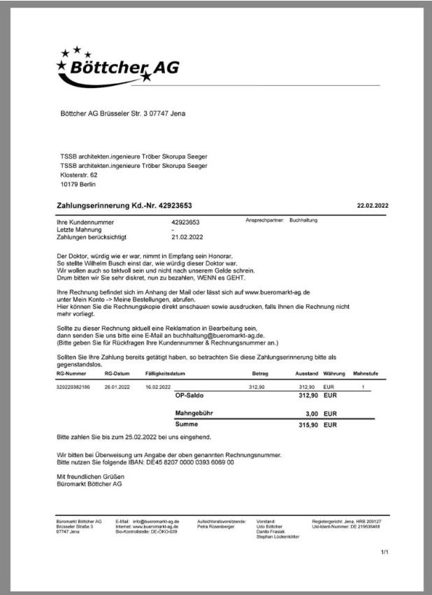 Böttcher德国购物账单/KYC地址证明pdf模板