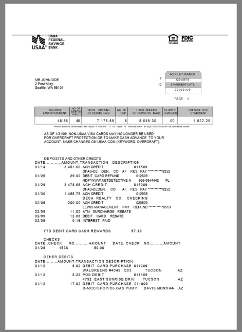 北美|美国USAA Bank Statement银行账单/KYC地址证明word模板 V2