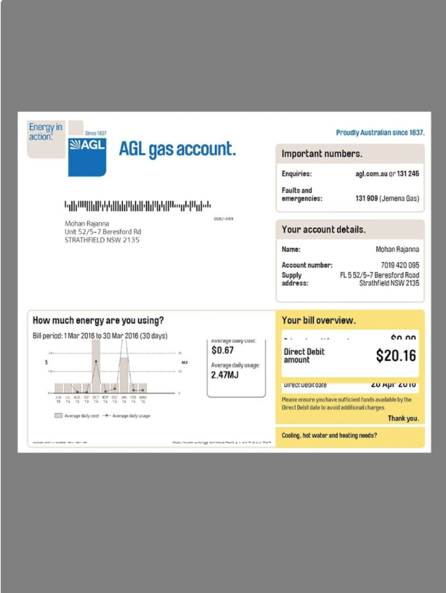 澳大利亚AGL Gas Utility Bills水电费账单/KYC地址证明pdf模板
