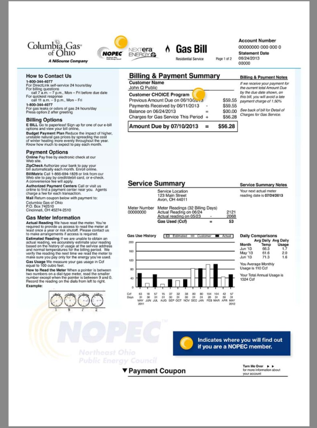 Columbia Gas美国俄亥俄州水电费账单word/pdf模板