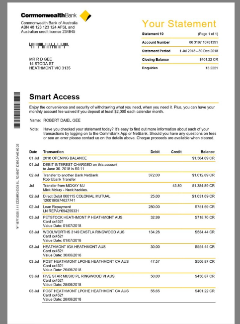 澳大利亚Commonwealth Bank Statement银行账单/KYC地址证明word模板