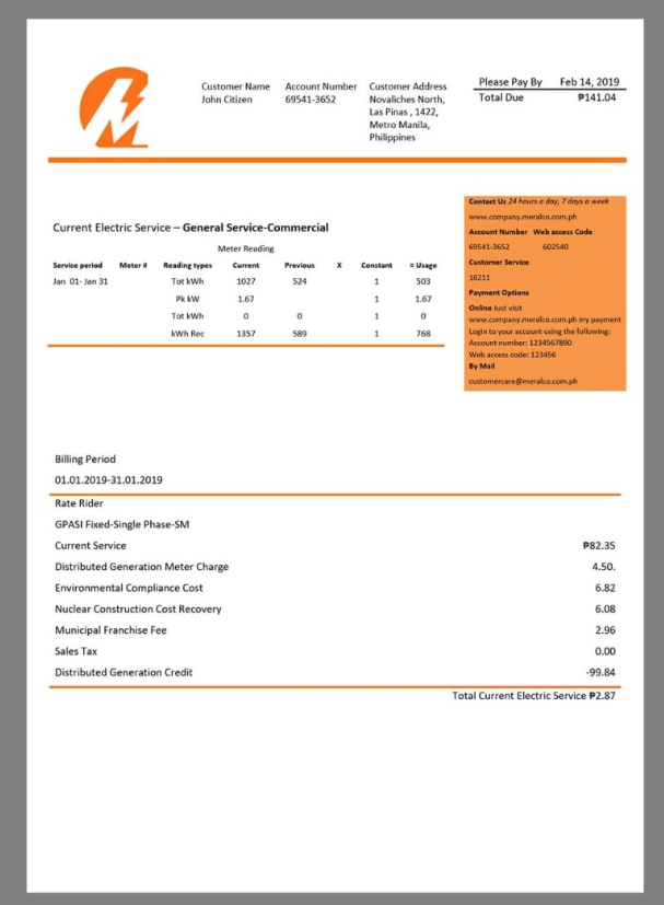 菲律宾马尼拉电力公司 Meralco Utility Bills水电费账单/KYC地址证明word模板