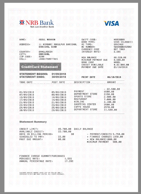 孟加拉Bangladesh NRB Bank Visa Credit Card 银行信用卡账单/KYC地址证明pdf模板