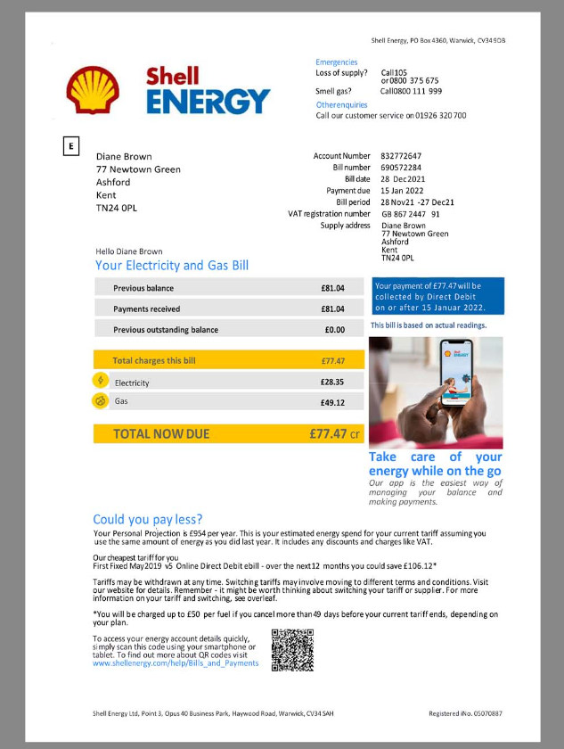 英国Shell Energy壳牌石油能源账单pdf模板