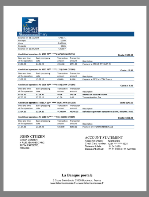 LA Banque Postale法国银行信用卡账单pdf模板