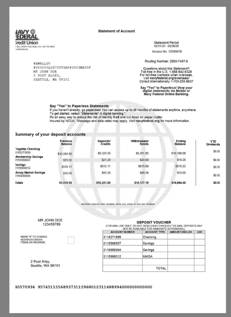 美国Navy Federal Bank Statement银行账单/KYC地址证明word模板 V2