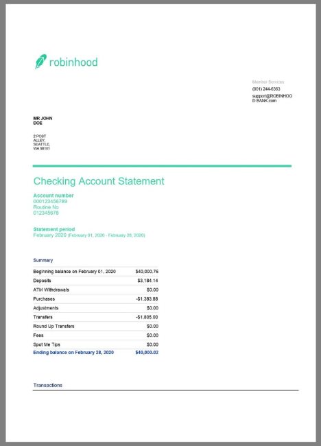 美国Robinhood Bank Statement银行账单/KYC地址证明word模板