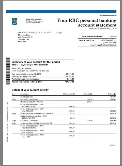 加拿大Canada RBC Bank Statement银行账单/KYC地址证明word模板