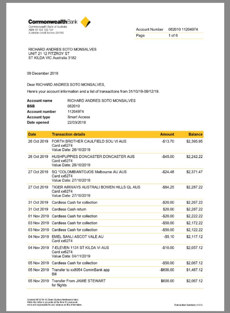 澳大利亚联邦银行Commonwealth Bank Statement V2银行账单/KYC地址证明word/pdf模板