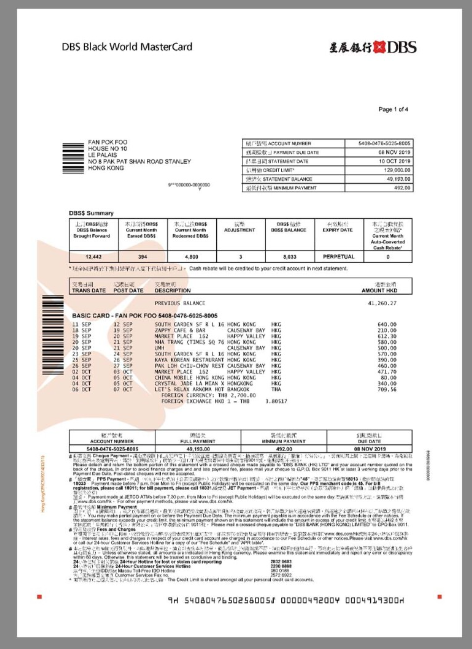 新加坡/香港星展银行账单/KYC地址证明pdf模板