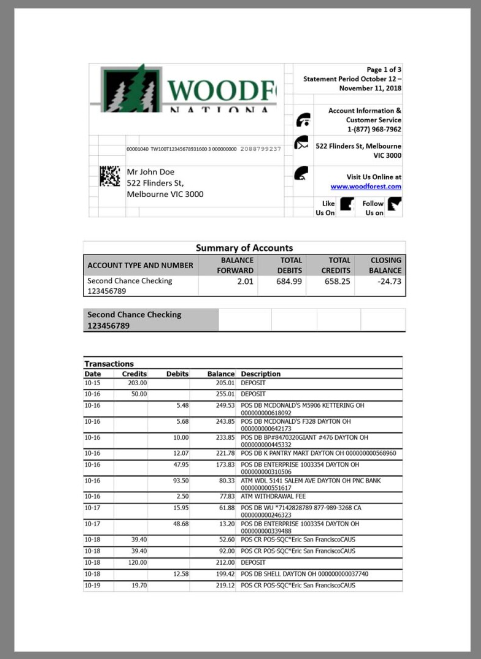 美国Woodforest Bank Statement银行账单/KYC地址证明word模板