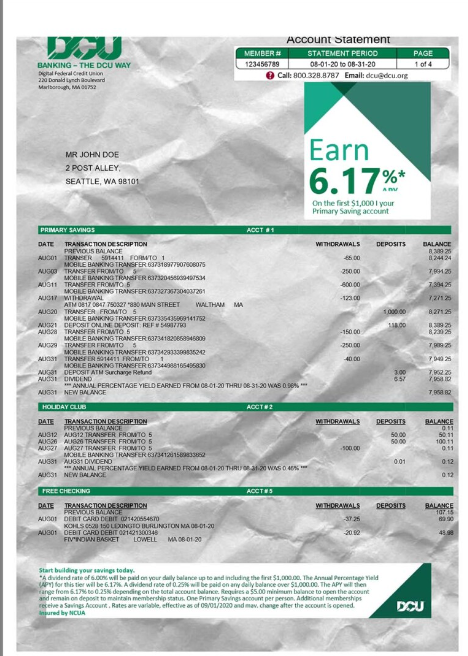 美国DCU Bank Statement银行账单/KYC地址证明word模板