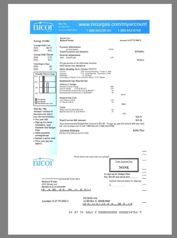 美国USA Illinois Nicor Gas Utility Bills水电费账单/KYC地址证明pdf模板