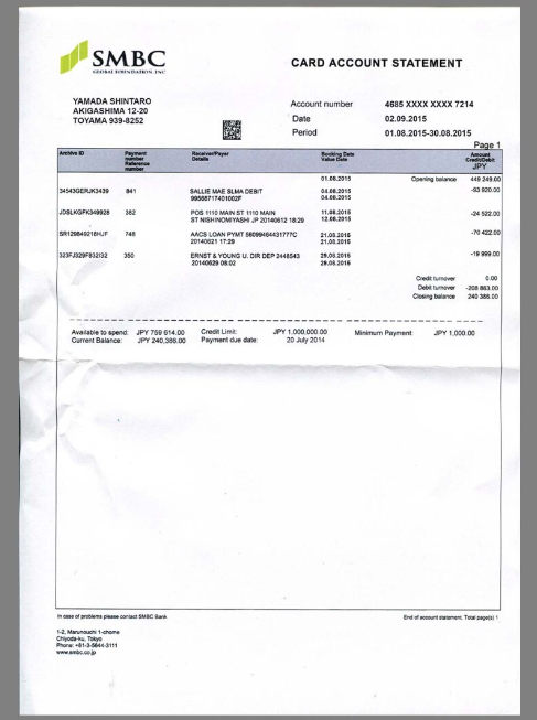 日本Japan SMBC Bank Statement银行账单/KYC地址证明psd模板