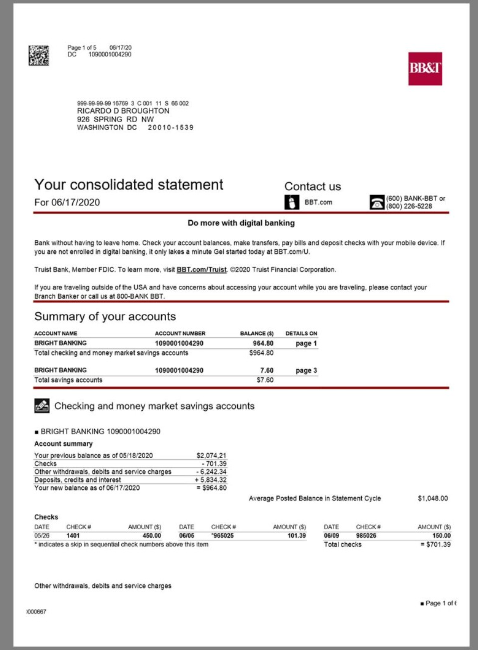 USA美国|加拿大 BB&T Bank Statement银行账单/KYC地址证明word模板