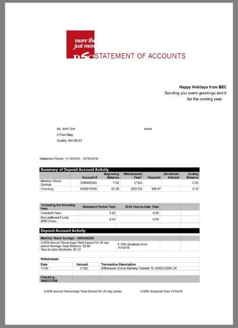 美国BECU Bank Statement银行账单/KYC地址证明word模板