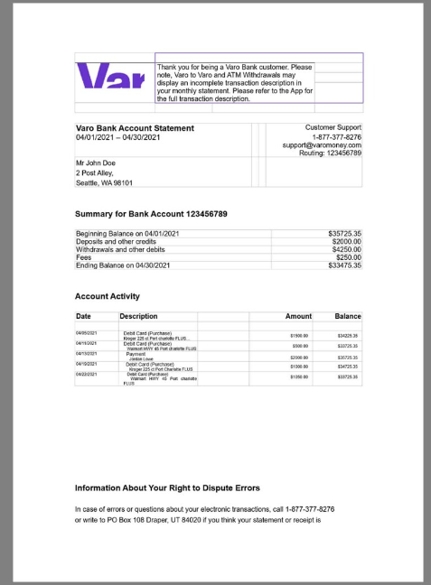 网络银行Varo Bank Statement银行账单/KYC地址证明word模板