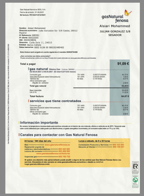 西班牙|南美 Gas Natural Utility Bills水电费账单/KYC地址证明PS/PSD模板