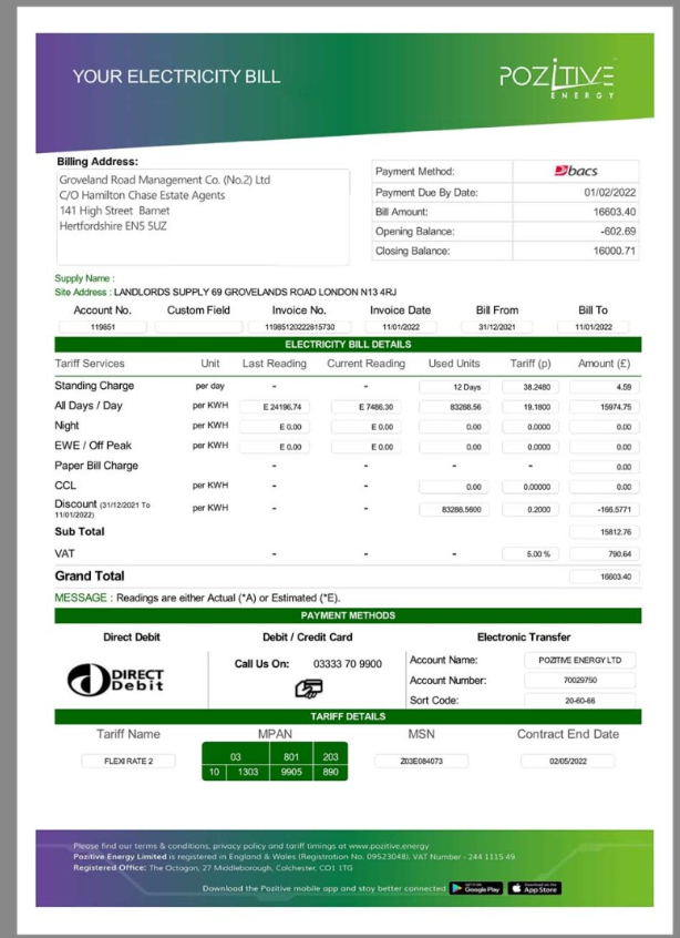 英国Pozitive Energy水电费账单pdf模板