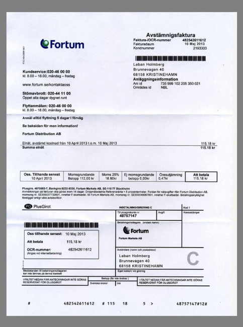 芬兰Finland Fortum Energy Utility Bills水电费账单/KYC地址证明psd模板