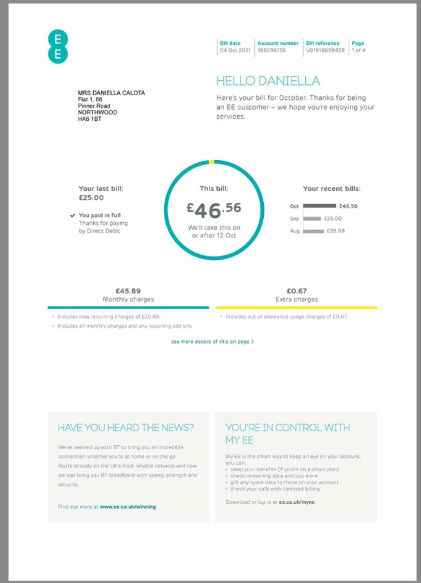 英国Ee Mobile话费账单/KYC地址证明pdf模板