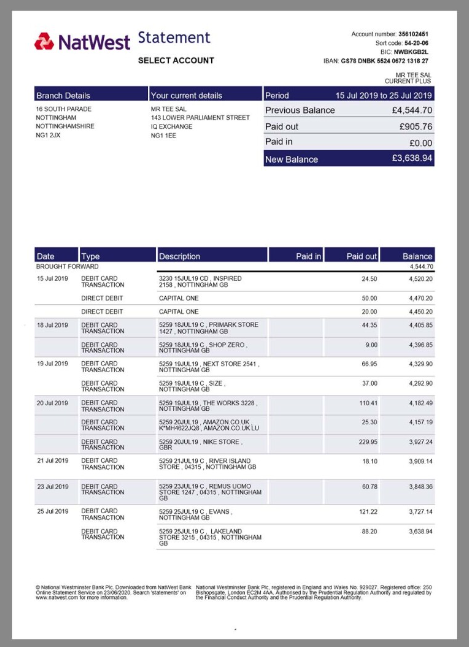 英国NatWest Bank Statement银行账单/KYC地址证明word模板