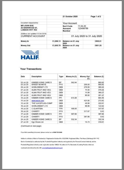 英国Halifax Bank Statement银行账单/KYC地址证明word模板