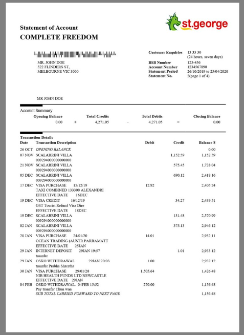 澳大利亚St George Bank Statement银行账单/KYC地址证明word模板