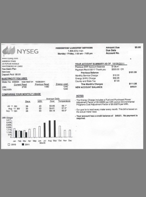 美国纽约 NYSEG Utility Bills水电费账单/KYC地址证明psd模板