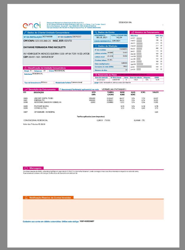 Enel巴西水电费账单/KYC地址证明pdf模板