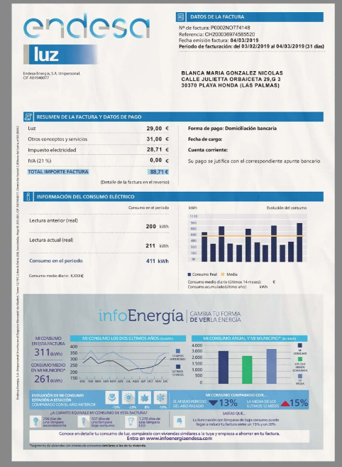 Endesa西班牙水电费账单/KYC地址证明PS/PSD模板