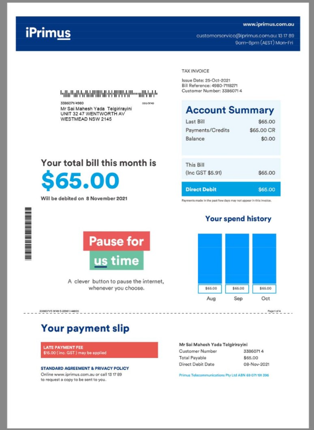 Iprimus澳大利亚话费账单/水电费账单word/pdf模板