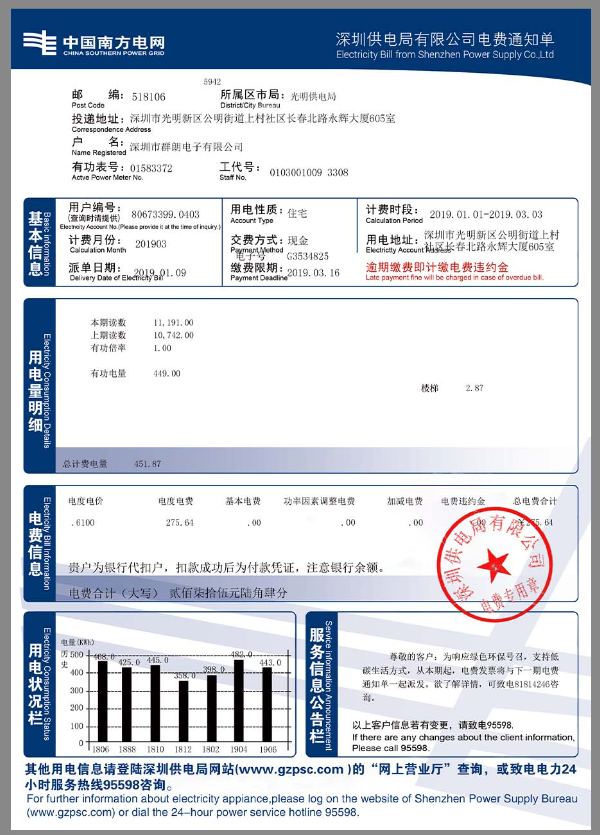 中国南方电网水电费账单PS/PSD模板