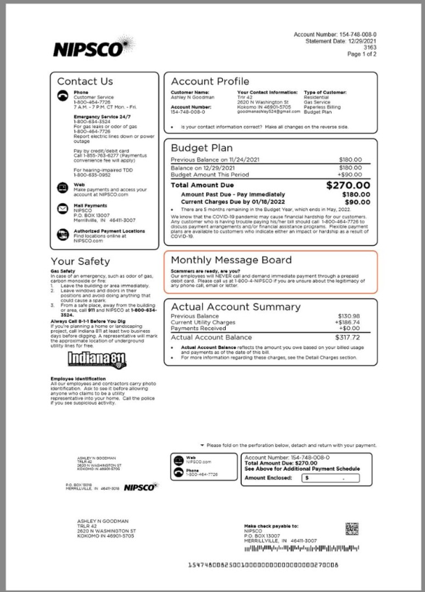 美国印第安纳州水电费账单word/pdf模板