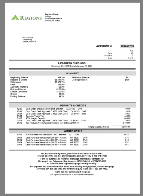 美国Regions Bank Statement银行账单/KYC地址证明word模板