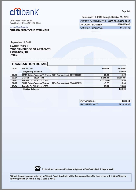 美国花旗Citibank Bank Statement银行账单/KYC地址证明psd模板