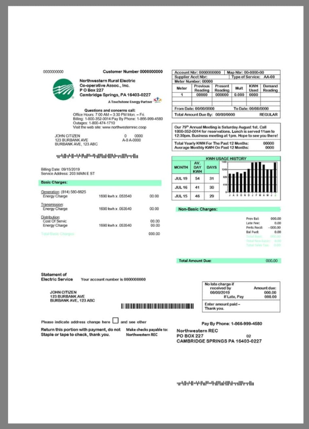 美国USA Pennsylvania Northwestern Rural Electricity Utility Bills水电费账单/KYC地址证明pdf/word模板