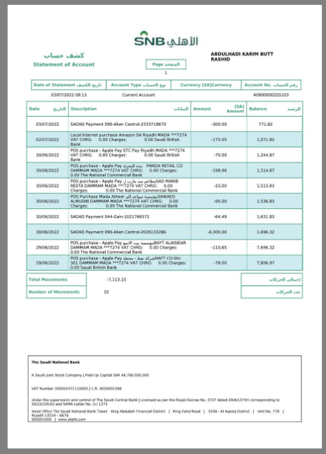 沙特国家银行账单pdf模板