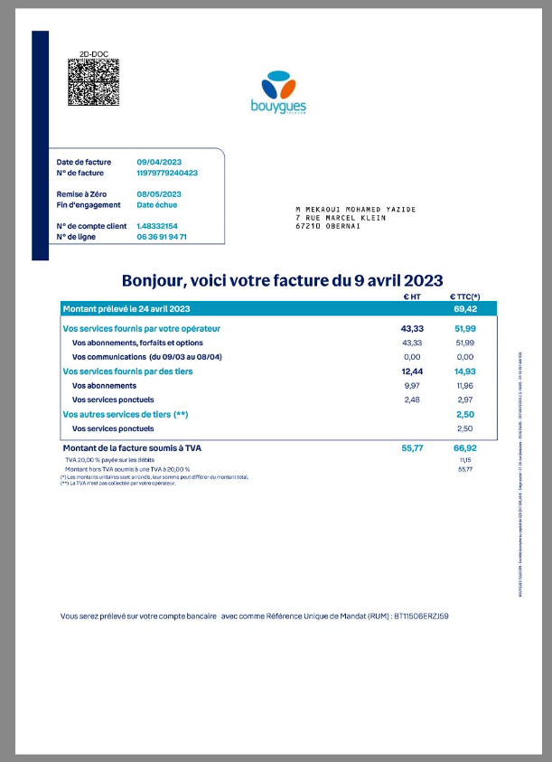 法国Bouygues话费账单/KYC地址证明pdf模板